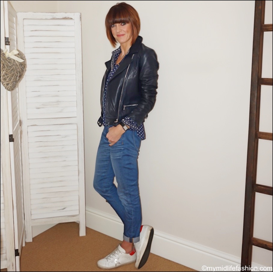 my midlife fashion, Massimo Dutti navy leather biker jacket, Isabel Marant Etoile blouse, j crew boyfriend jeans, golden goose superstar low top leather trainers