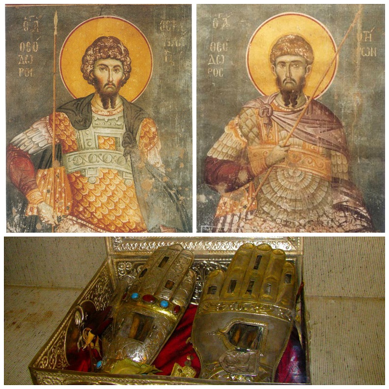 Το λείψανο του δεξιού χεριού των Αγίων Θεοδώρων Στρατηλάτου και Τήρωνος. Οι τοιχογραφίες των αγίων είναι του Μανουήλ Πανσέληνου από το Πρωτάτο του Αγίου Όρους. Ιερά Μονή Μεγάλου Σπηλαίου, Καλάβρυτα. https://leipsanothiki.blogspot.be/ Το λείψανο του δεξιού χεριού των Αγίων Θεοδώρων Στρατηλάτου και Τήρωνος. https://leipsanothiki.blogspot.be/