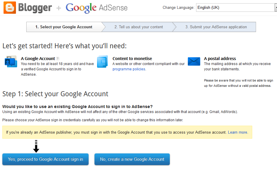 proceed to Google account