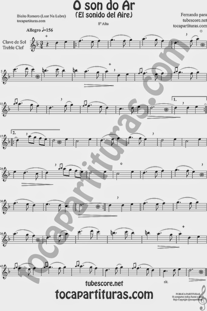 Versión en clave de sol en octava alta para flauta travesera, violín, trompeta, clarinete, oboe, saxofon tenor...