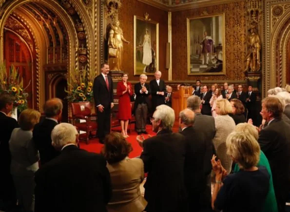 Queen Letizia visited the Palace of Westminster, British Parliament. Prince Charles and Duchess Camilla at Clarence House. Nina Ricci dress. Prada Pumps