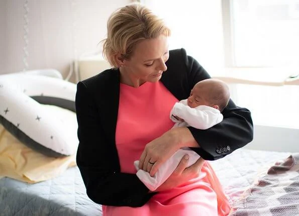 Princess Charlene wore a new asymmetric mulberry silk crepe de chine and georgette dress by Akris