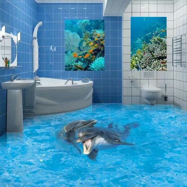 3D bathroom floor: murals dolphins on the floor