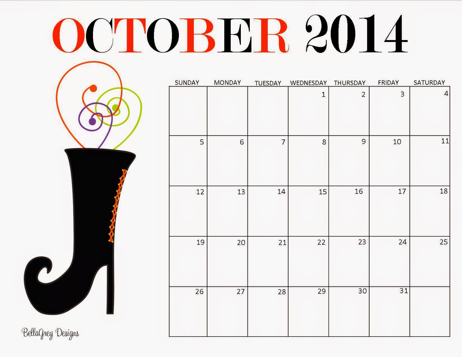 October Calendar FREE Printable BellaGrey Designs