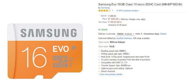 Amazon Price Error- Samsung Evo 16GB Class 10 micro SDHC Card ay Just Rs 100 (Loot) Amazon Price Error- Samsung Evo 16GB Class 10 micro SDHC Card ay Just Rs 100 (Loot)