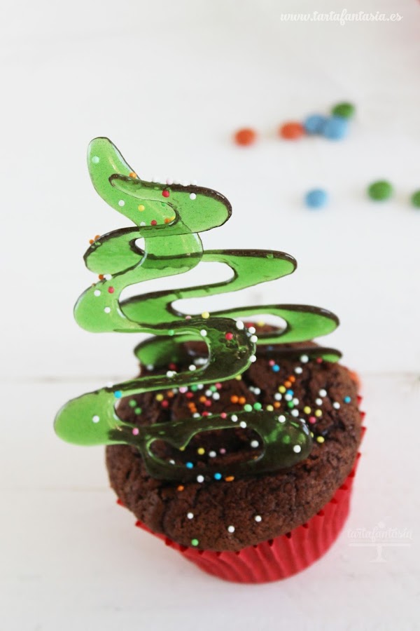 cupcakes con árbol de navidad de cristal comestible