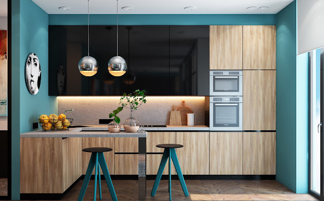 thiết kế nhà bếp tone màu xanh dương