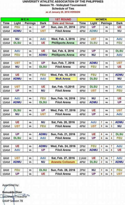 UAAP Season 78 Women's Volleyball and Men's Volleyball Schedule of UAAP Season 78 Women's Volleyball and Men's Volleyball Schedule of