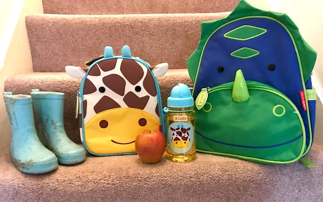 Wellies, a giraffe lunch bag, apple, giraffe drink bottle and dinosaur backpack lined up on a step
