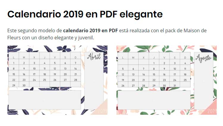 calendario 2019 en PDF elegante