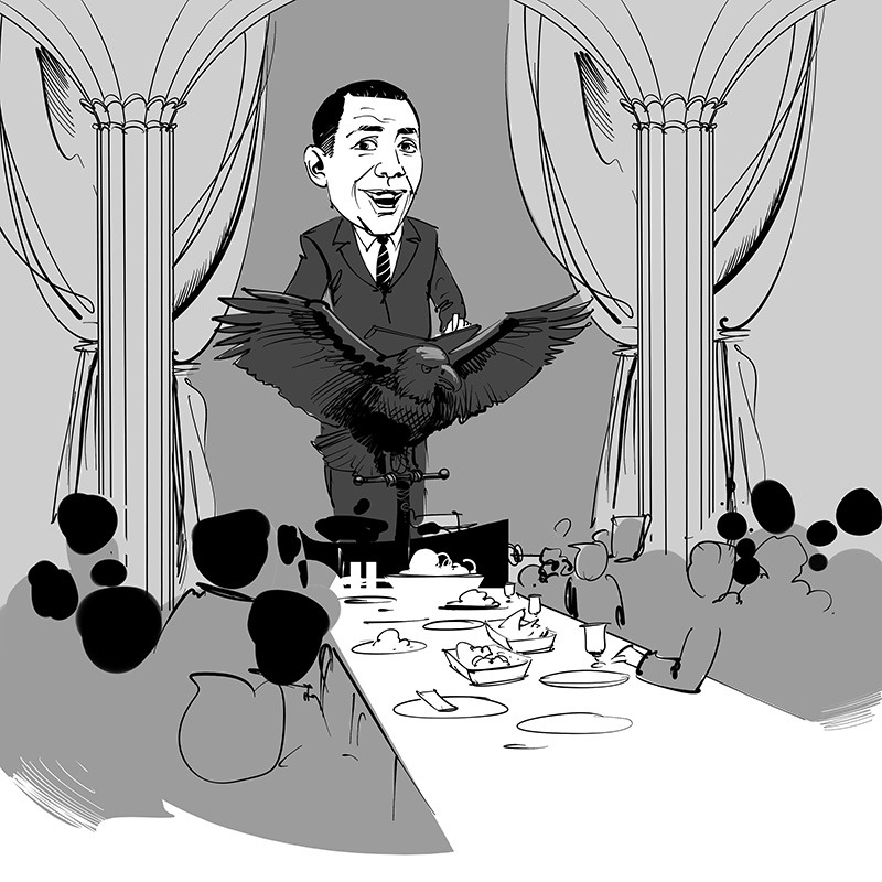american political caricature barak obama hogwart dinner funny illustration