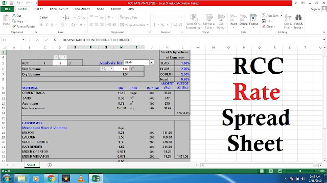 RCC work rate analysis excel spread sheet