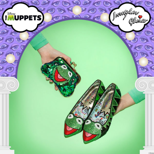 Irregular Choice Disney Muppets Kermit Preview Muppets Kermit sequins purse and shoes being held in promotional image