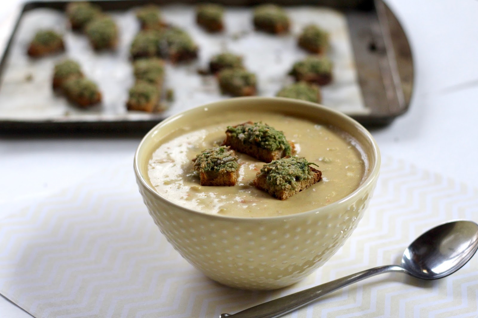 Creamy Potato Spring Vegetable Soup with Sunflower Seed Pesto Croutons