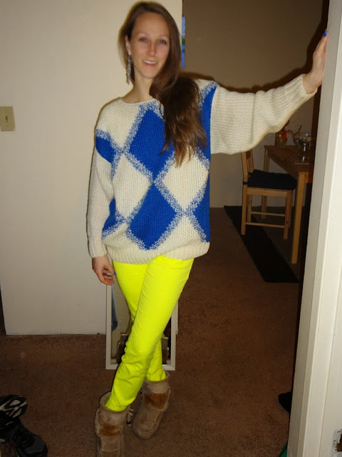 Neon yellow jeans, neon blue argyle sweater