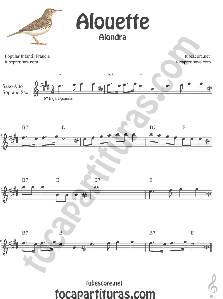 tocapartituras Alouette (Alondra) Canción infantil Partitura de Flauta