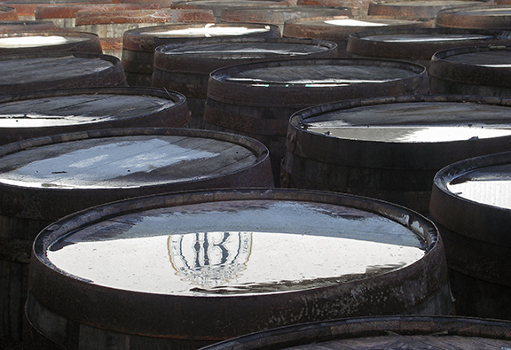 barrels at Bruichladdich Distillery with the logo reflected in water pooled on the barrelhead