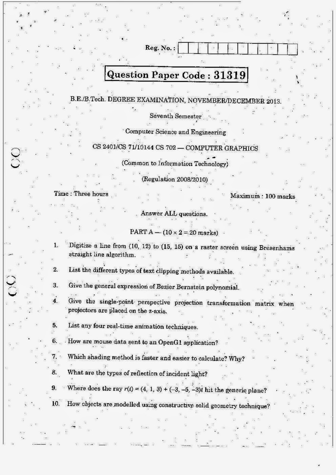 CS 2401, CS 71, 10144 CS 702 Computer Graphics 07th Semester Anna