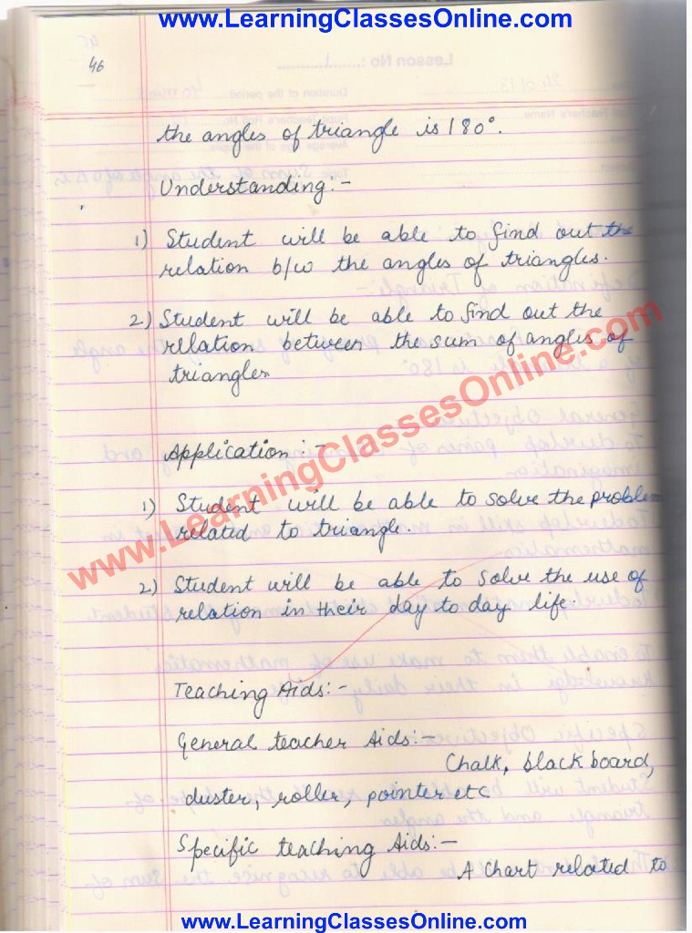 B Ed Math Lesson Plan on Sum of Angle of a triangle