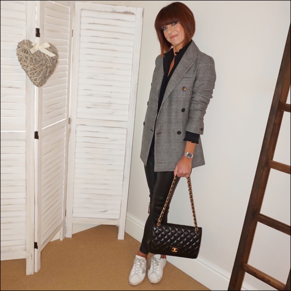 my midlife fashion, h and m embroidered ruffle blouse, massimo dutti leather leggings, chanel quilted bag, golden goose superstar low top leather trainers, all saints astrid check blazer