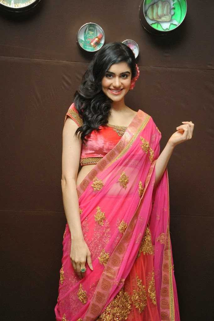 Beautiful Telugu Girl Adah Sharma Long Hair Stills In Transparent Pink Saree