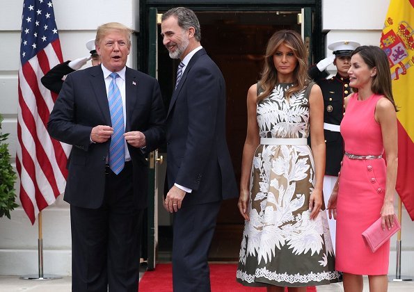 Queen Letizia wore Michael Kors button detail stretch wool dress.President Donald Trump. First Lady Melania Trump wore print dress