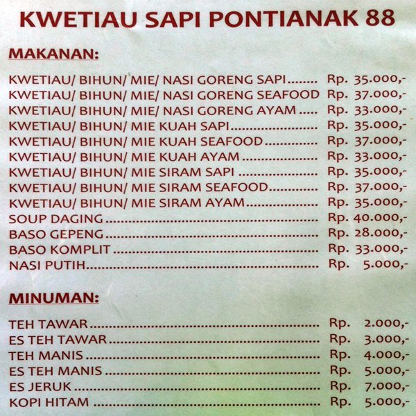 Harga Menu Kwetiaw Sapi Pontianak 88 Kelapa Gading ...