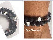 Unisex Natural Stone Hematite and Polished Wood and 925 Stirling Silver Bead Bracelet (Two Piece)