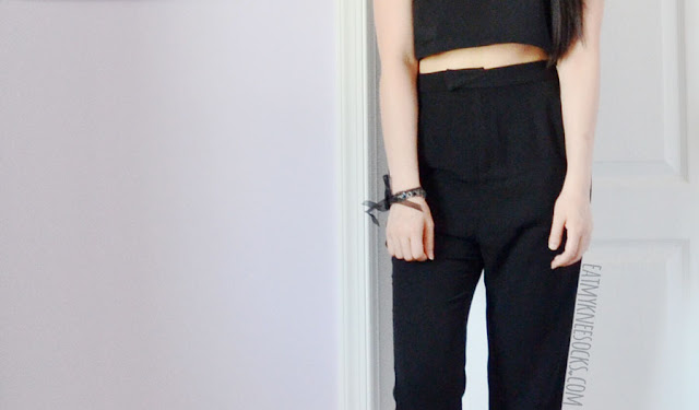 Tobi Fashion Review: Queen Bee Set A bold, sleek, minimalistic outfit featuring the Queen Bee crop top and high-waisted ankle pants set from Tobi, worn with a grunge-style layered necklace and Jeffrey Campbell Lita spike platform booties dupes.