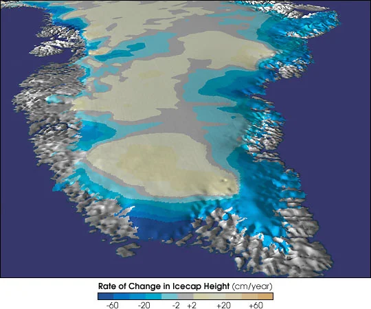 Map of Greenland's rate of change in Ice Sheet Height