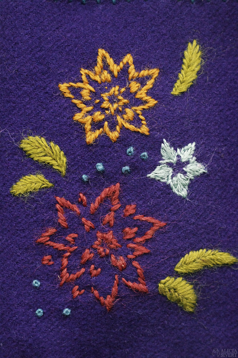 Broderat syetui i ull av Alicia Sivertsson. Blommor i yllebroderi.