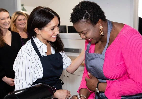 Meghan Markle wore WNU shirt, J.Crew Juliette blazer, Adina Reyter three diamond earrings, Adidas Stan Smith sneakers