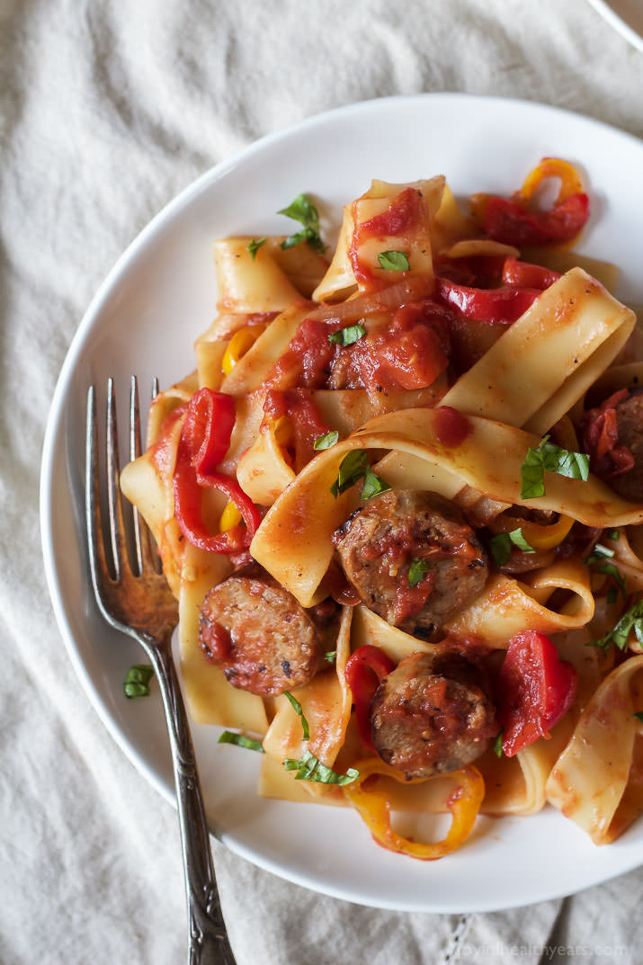 TOMATO PAPPARDELLE PASTA WITH ITALIAN SAUSAGE AND PEPPERS