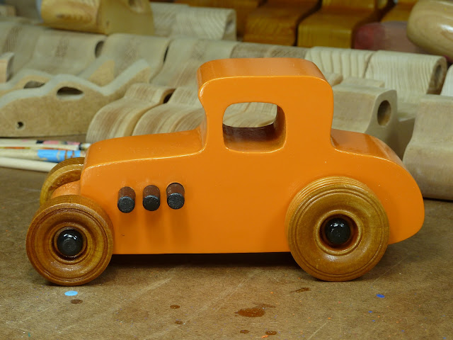 Wooden Toy Car - Hot Rod Freaky Ford - 27 T Coupe - MDF - Orange - Amber Shellac - Black
