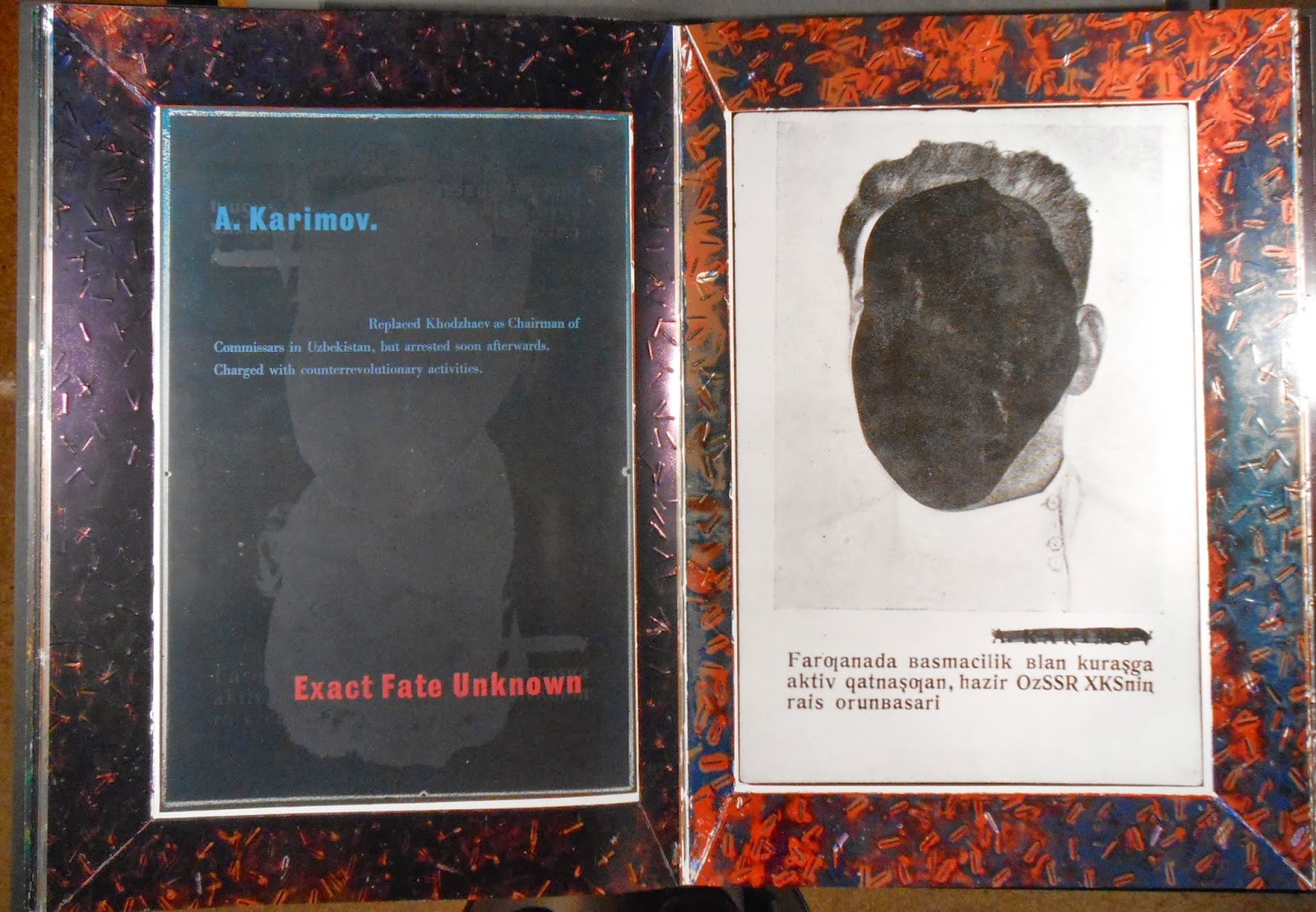 Two pages including the face and name of a man, both of which have been blacked out.