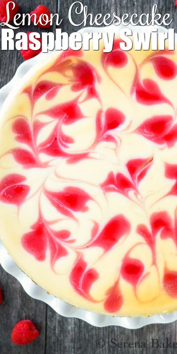 Tall Creamy Lemon Cheesecake with Raspberry Swirl is an elegant dessert to make! Gorgeous enough for Thanksgiving, Christmas, Easter or 4th of July dessert from Serena Bakes Simply From Scratch.