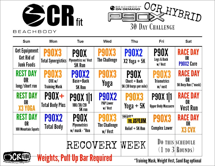 FREE P90X Hybrid Workout Schedule for OCR - Obstacle Course Racing.