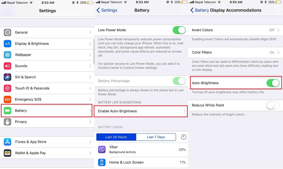 Apple has also added the Auto-Brightness feature in iOS 11 in Battery section.