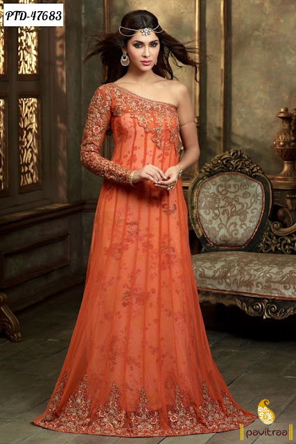 Diwali season special orange color net anarkali salwar suit online shopping 2015 at pavitraa.in