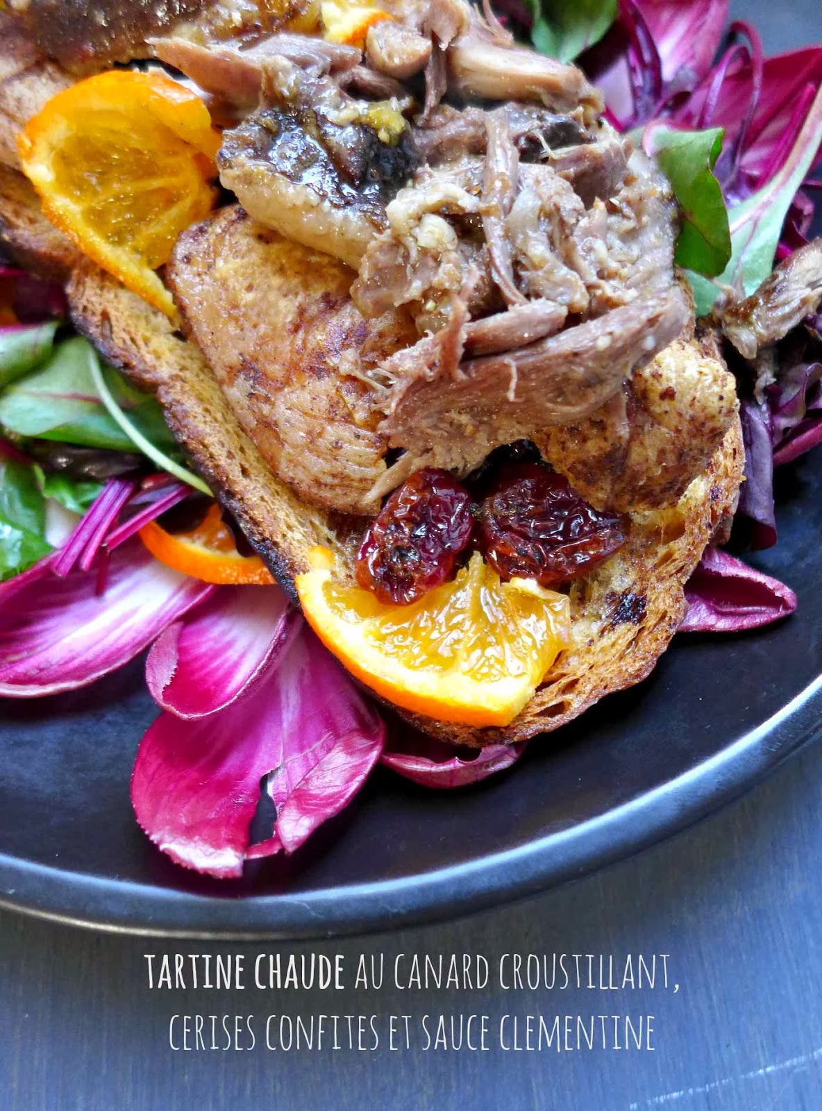 Tartine chaude de canard croustillant, cerises séchées et sauce à la