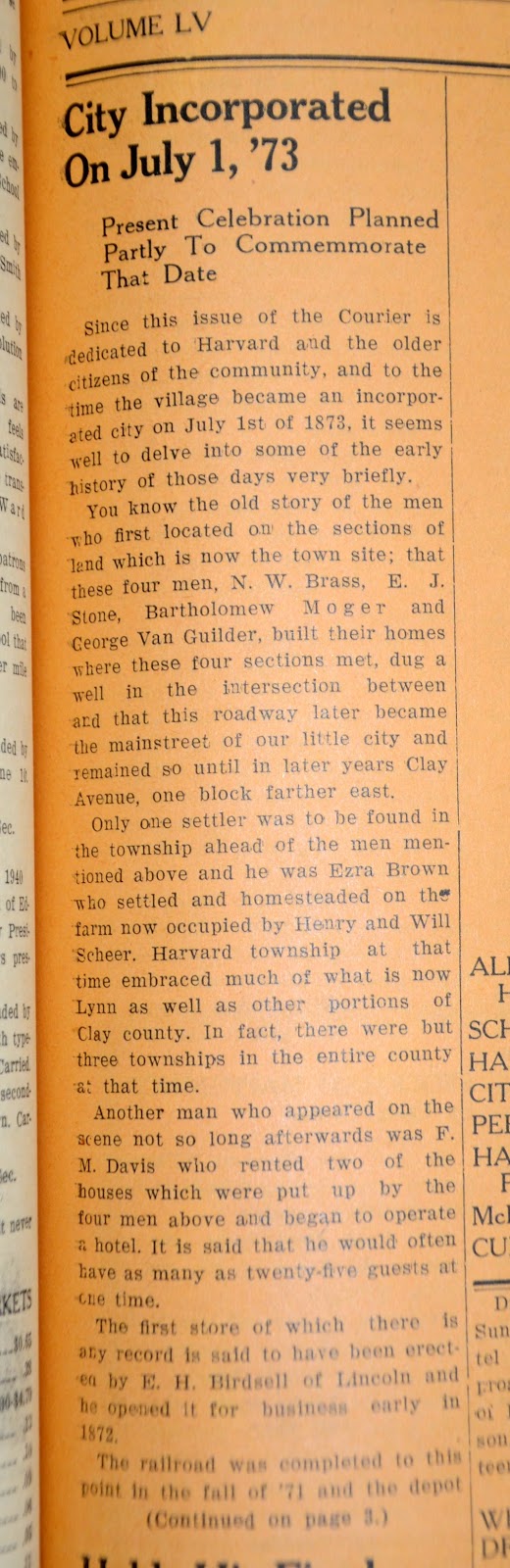 Sutton Nebraska Museum Harvard's Incorporation and early newspaper