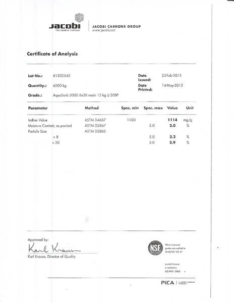 Certificate of Analysis (COA) Karbon Aktif Jacobi AquaSorb 5000