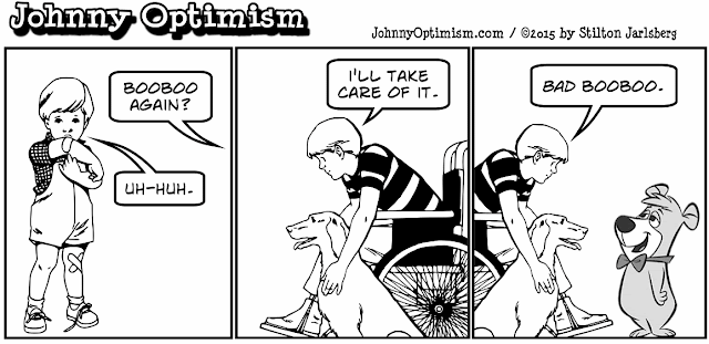 johnny optimism, medical, humor, sick, jokes, boy, wheelchair, doctors, hospital, stilton jarlsberg,  boo-boo, booboo, yogi bear