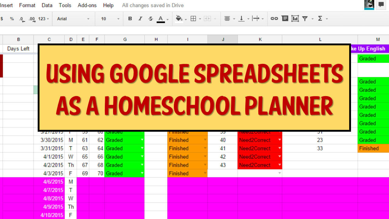 google sheets homework planner