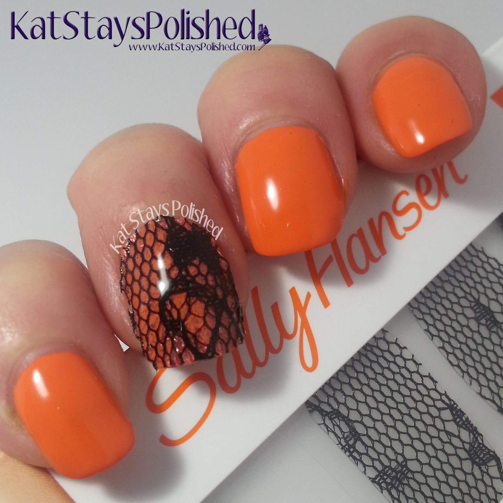 Sally Hansen Salon Effects - Little Black Lace on Pumpkin Queen | Kat Stays Polished