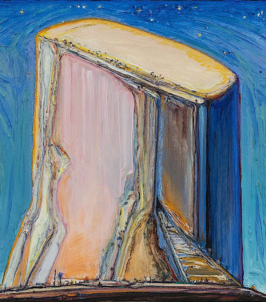 Wayne Thiebaud a Wayne Thiebaud painting of a monolithic rock in the desert