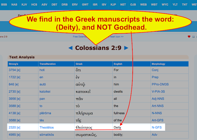 Colossians 2:9. We find in the greek Manuscripts is the word: (Deity), and NOT Godhead.