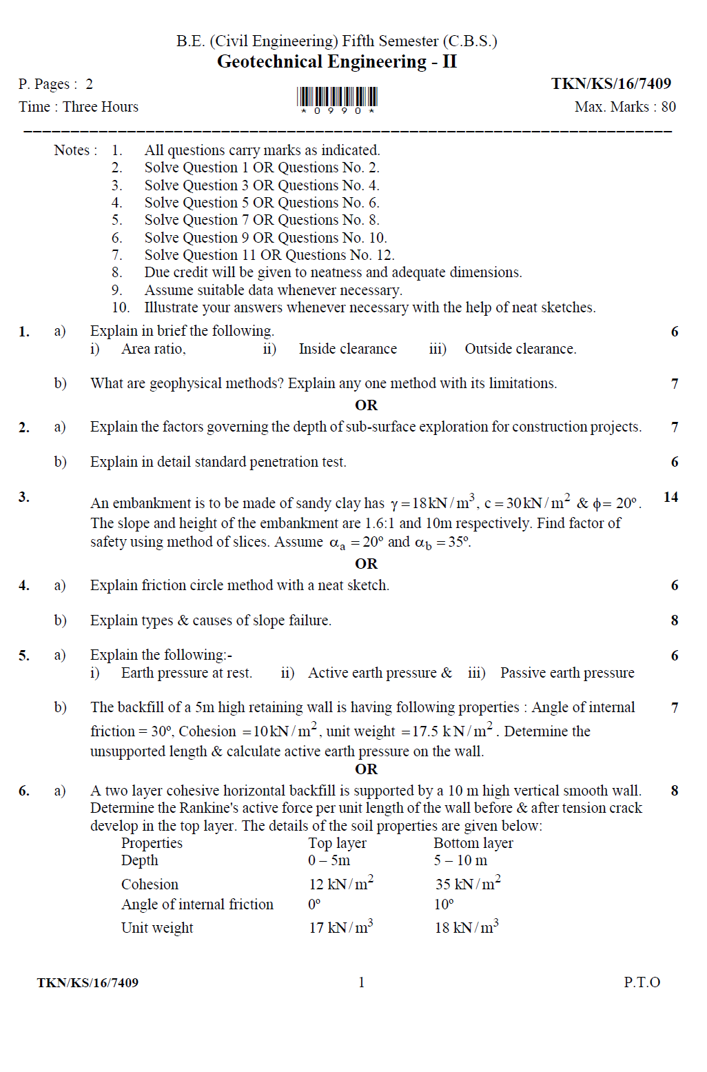 RTMNU 5th Semester B.E Civil Geotechnical EngineeringII 2016 Question