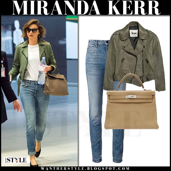 Miranda Kerr In Green Leather Jacket At Jfk Airport On May