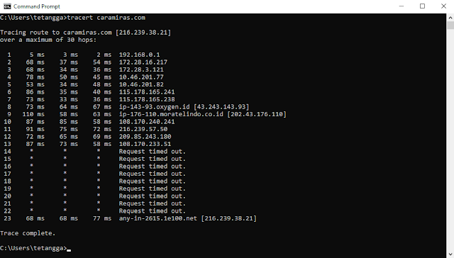 traceroute jarsum dalam beberapa route 23 hops